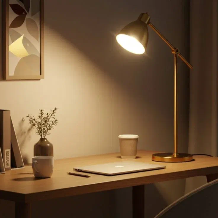A close-up shot of a modern, stylish brass desk lamp with an adjustable arm, casting a warm, inviting light on a wooden desk with a laptop, a coffee cup, and a plant in a vase.