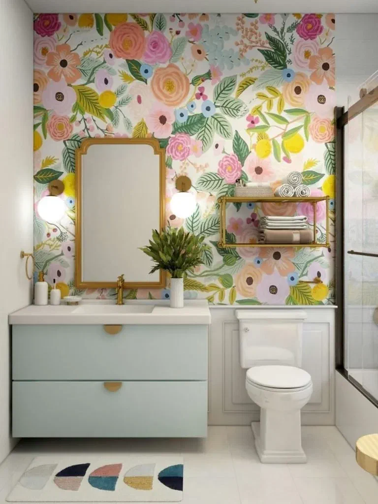 Stick-on wall sconces add warm and necessary lighting in this bright and fun bathroom