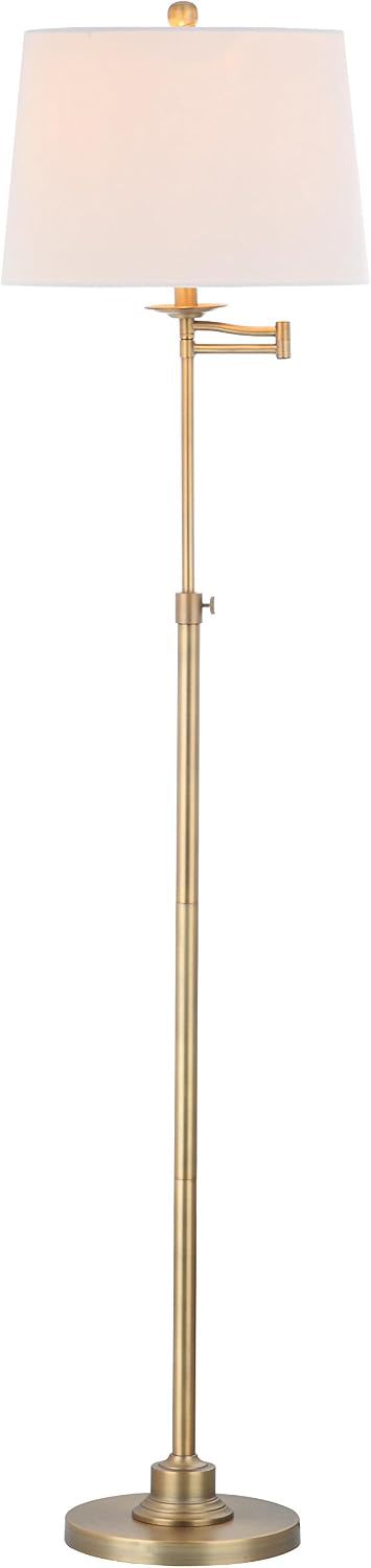 Safavieh Nadia brushed-gold swing-arm floor lamp with a cream drum shade, adjustable height, LED bulb included.