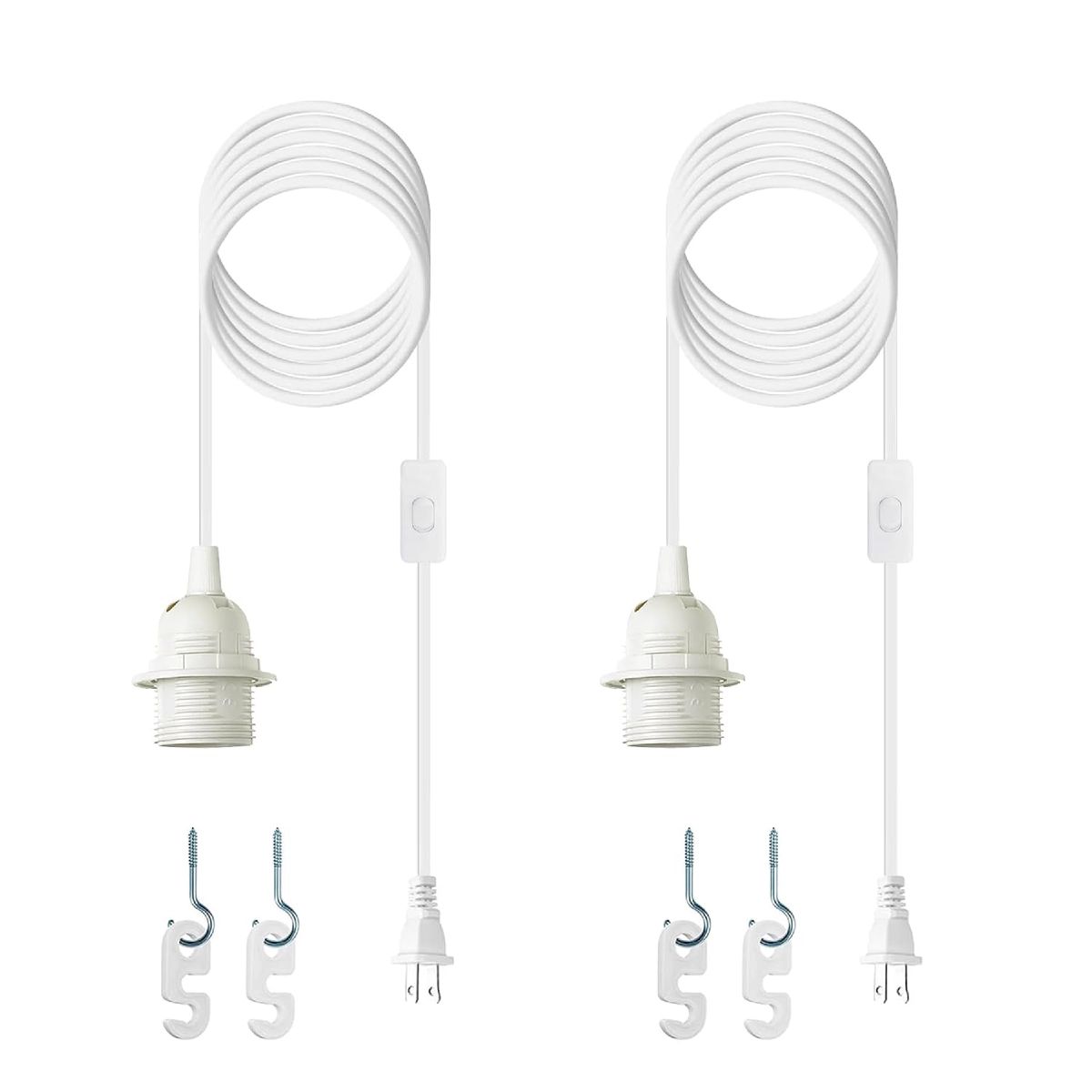 Zarnicy plug-in pendant light cord kit, two white cords with an inline on/off switch, ceiling hooks and socket rings included.
