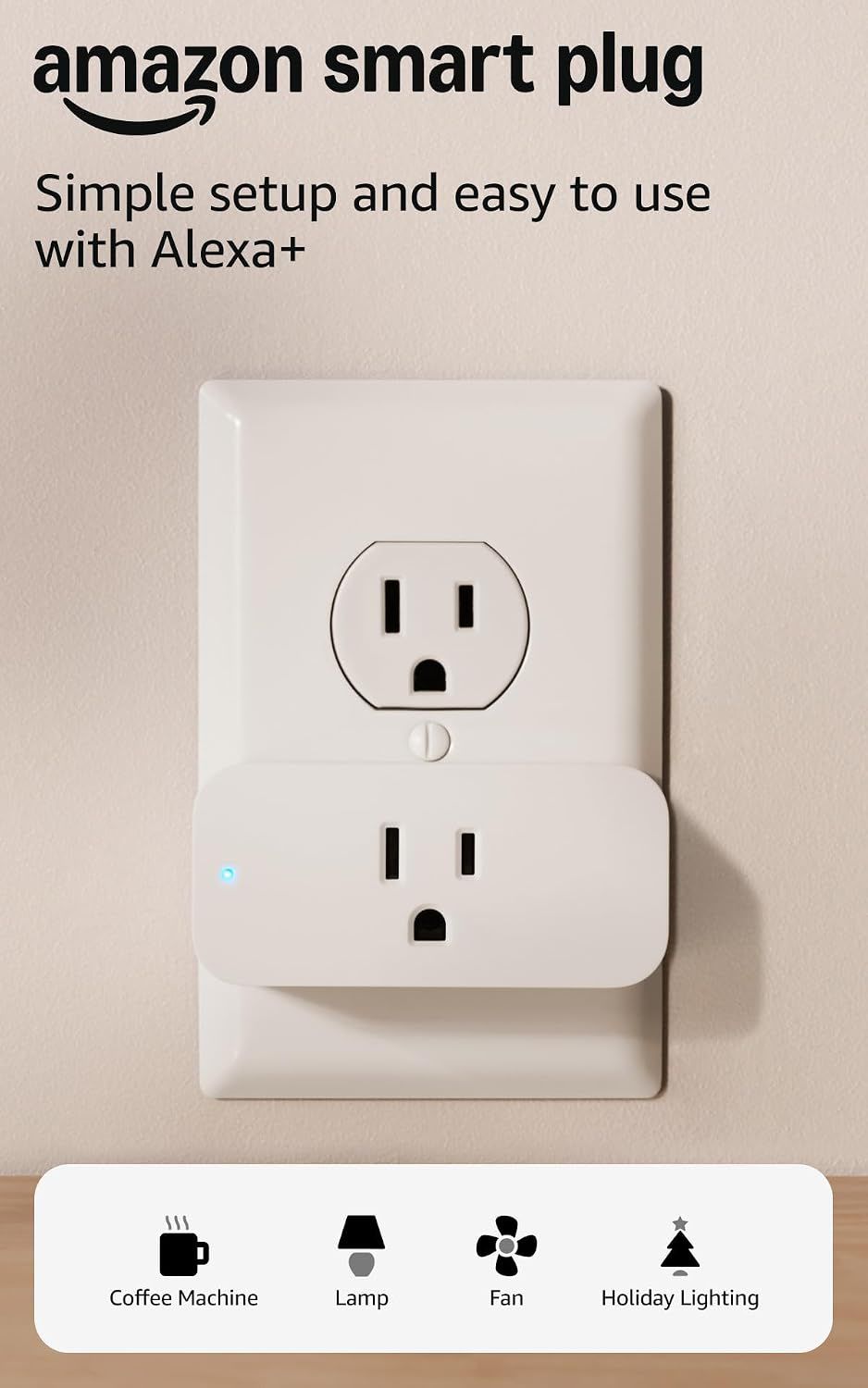Amazon Smart Plug installed in a wall outlet, controls a lamp or pendant light by voice, app or schedule.