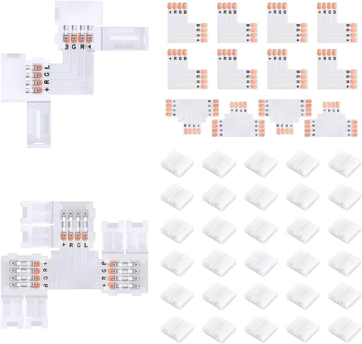 A flat-pack of white plastic snap-on LED strip connectors in L-shape, T-shape, and straight configurations with color-coded RGB pins.