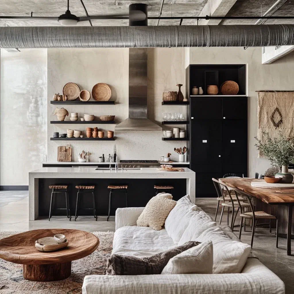 Open-plan living and dining space with a linen sofa and live-edge coffee table set against an industrial kitchen with exposed ductwork