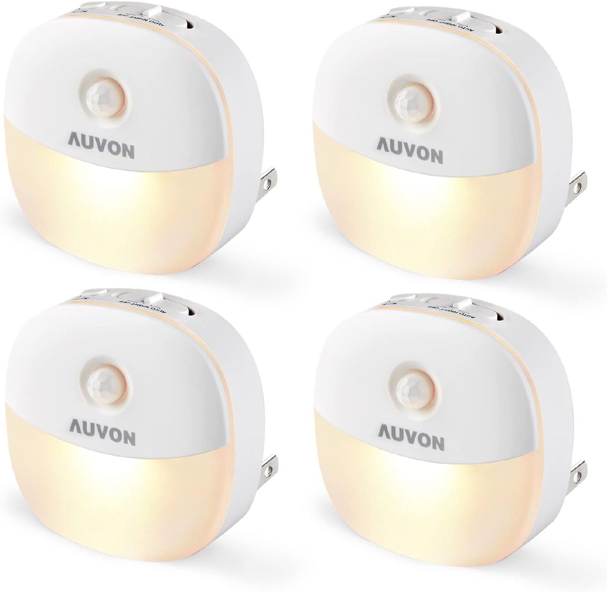 Four AUVON plug-in night lights with motion sensors, shown plugged into outlets with a warm glow.