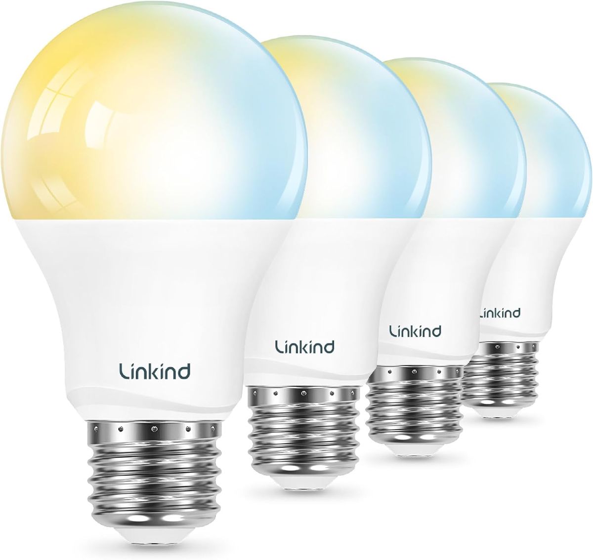 A row of four Linkind tunable-white smart bulbs showing the warm-to-cool color range.