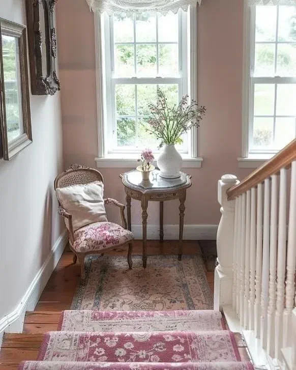 Vintage pink stair runner with floral pattern