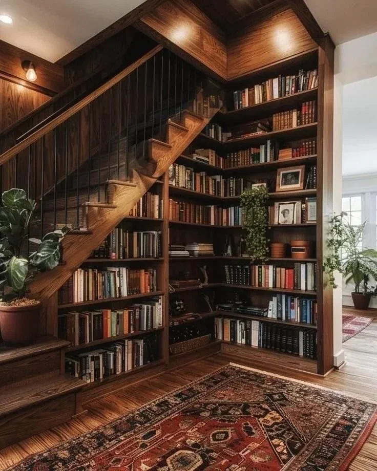 Rustic staircase with under stair book storage