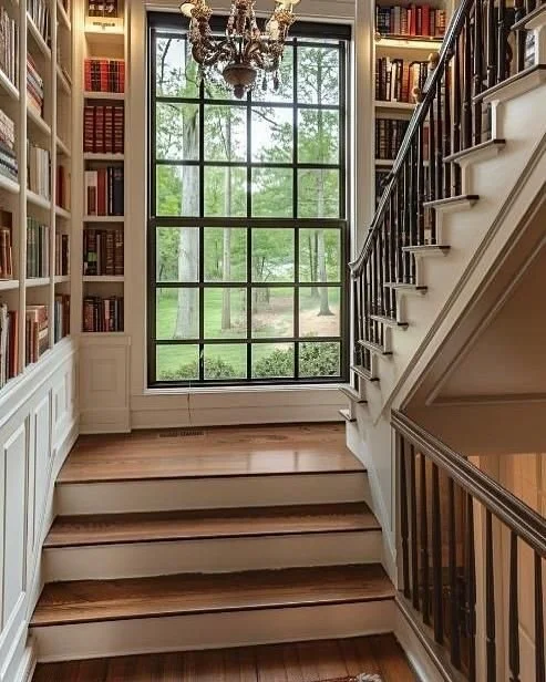 Modern wooden staircase with built in shelving
