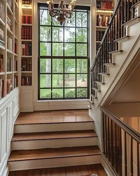 Modern wooden staircase with built in shelving