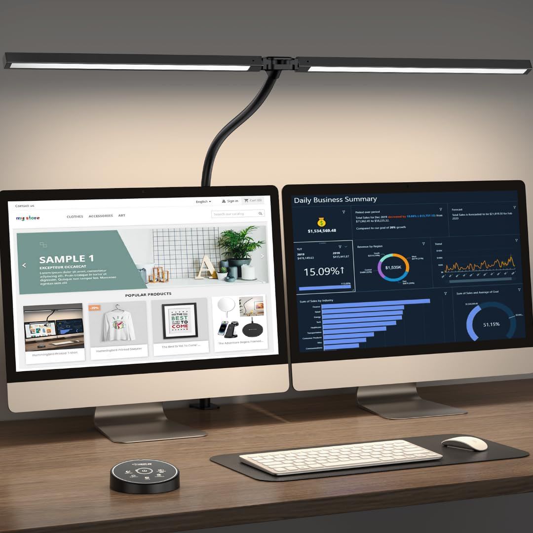 Clamp-mount architect desk lamp with adjustable swing arm, remote control and 25 lighting modes, clamped to a desk edge.