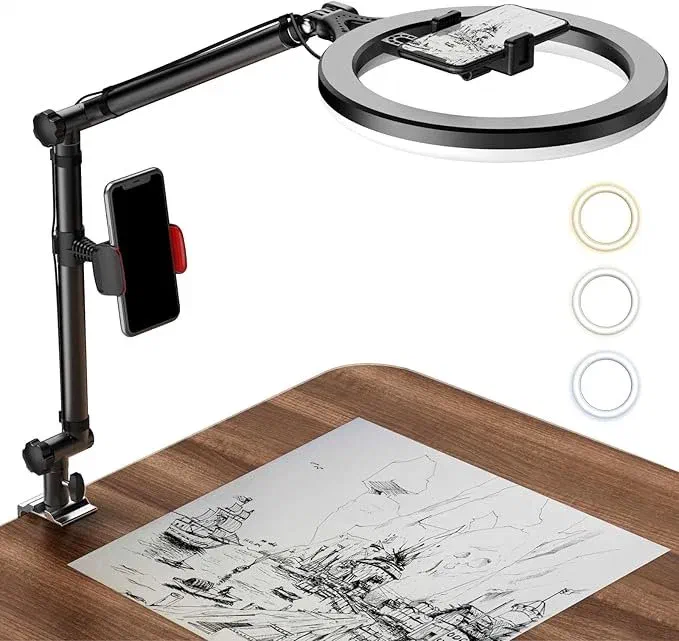 LUOLED 10-inch clamp-on LED ring light with a phone holder, clipped to a monitor for even front-facing light on video calls.