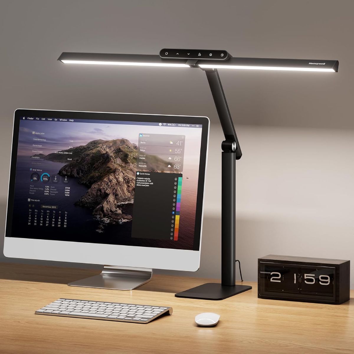 Honeywell architect desk lamp with CRI 97, flicker-free light, adjustable dual-section head and weighted base.