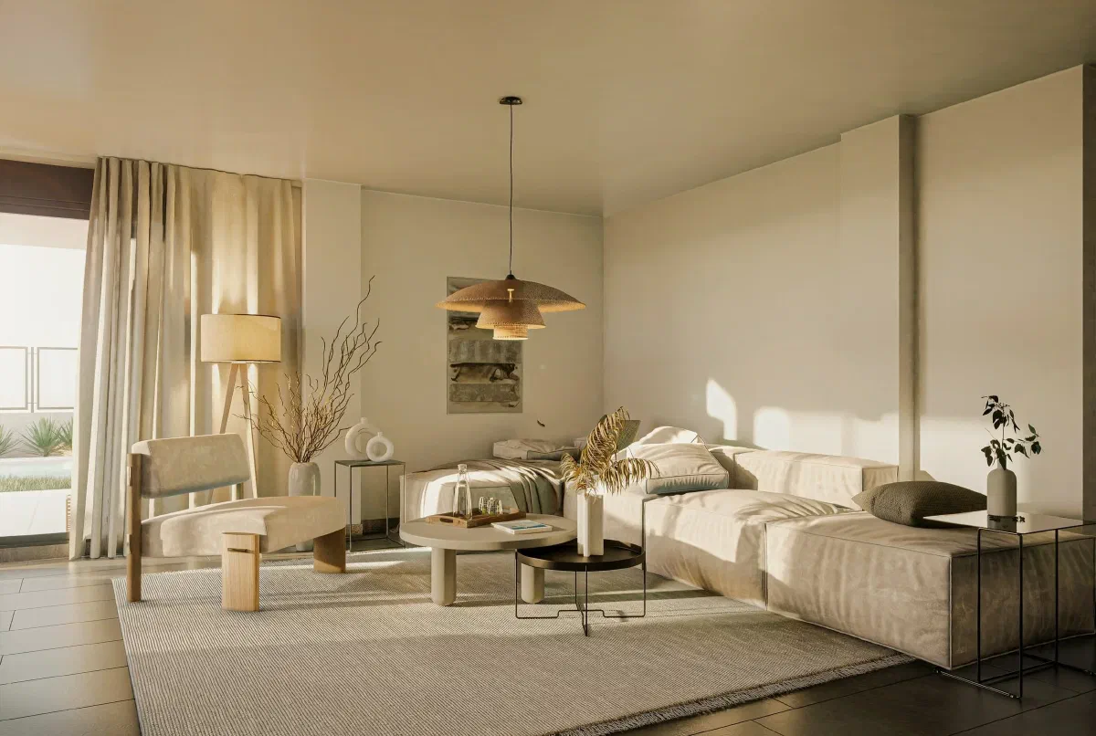 Bright modern living room with neutral tones, large sectional sofa, floor lamp, and natural sunlight streaming through sheer curtains.