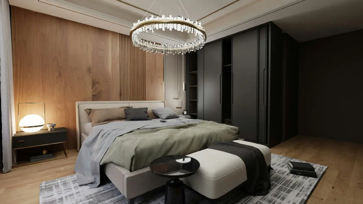 Elegant bedroom featuring a large crystal chandelier as a focal point, complemented by soft bedside table lamps and ambient lighting for a calming sanctuary.