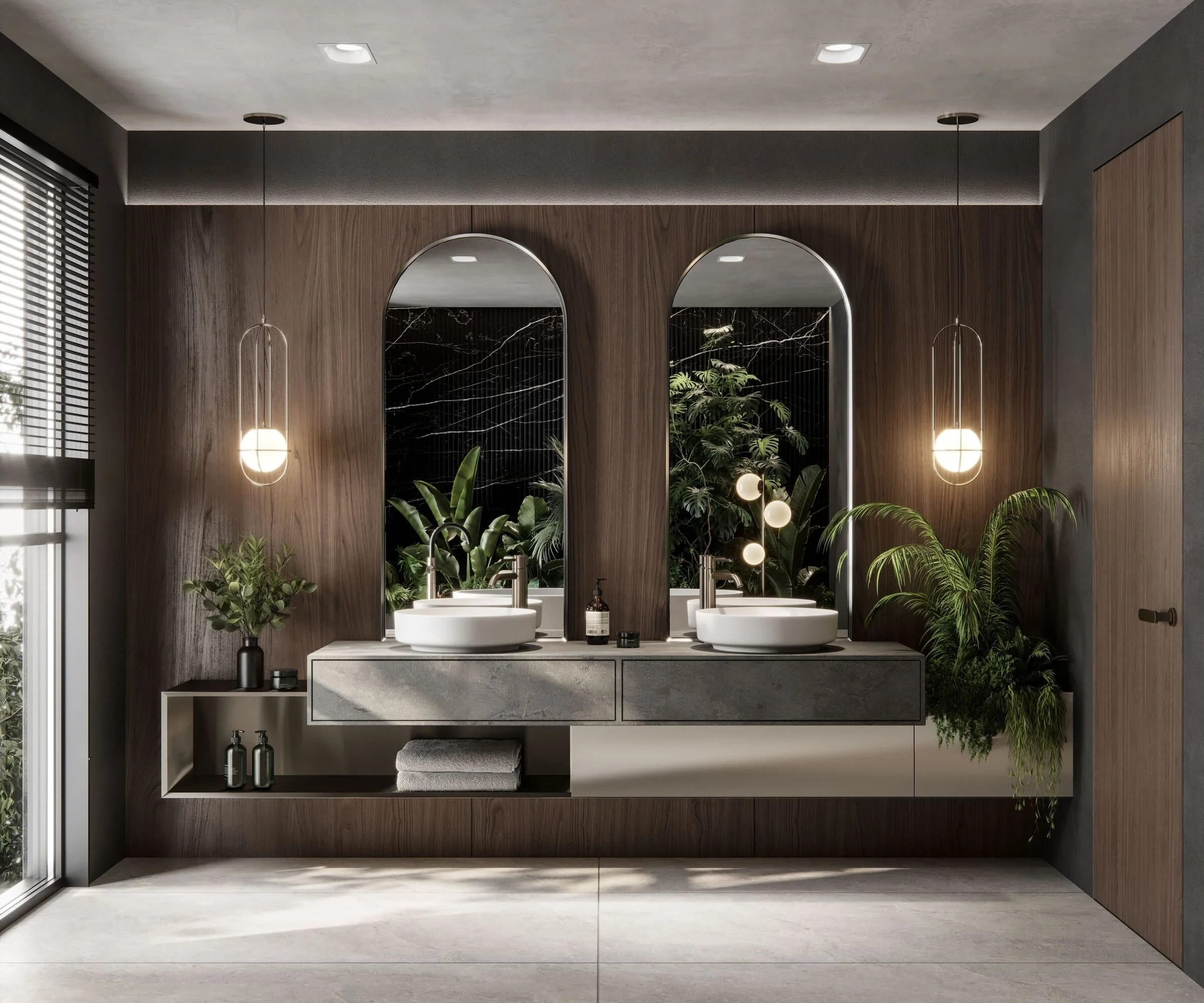 Luxurious bathroom with dual sinks, modern mirrors with integrated lighting, and ambient pendant lights, showcasing functional and spa-like illumination.