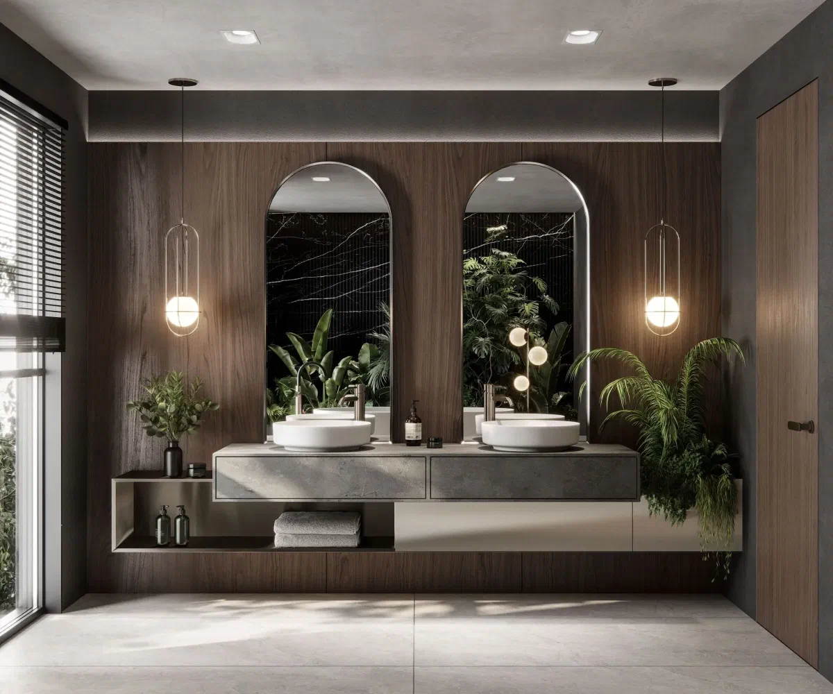 Luxurious bathroom with dual sinks, modern mirrors with integrated lighting, and ambient pendant lights, showcasing functional and spa-like illumination.