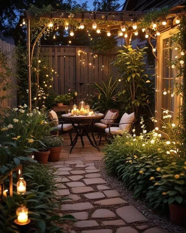 Enchanting outdoor patio at dusk, illuminated by warm string lights and candles, creating a cozy and whimsical atmosphere for al fresco dining.