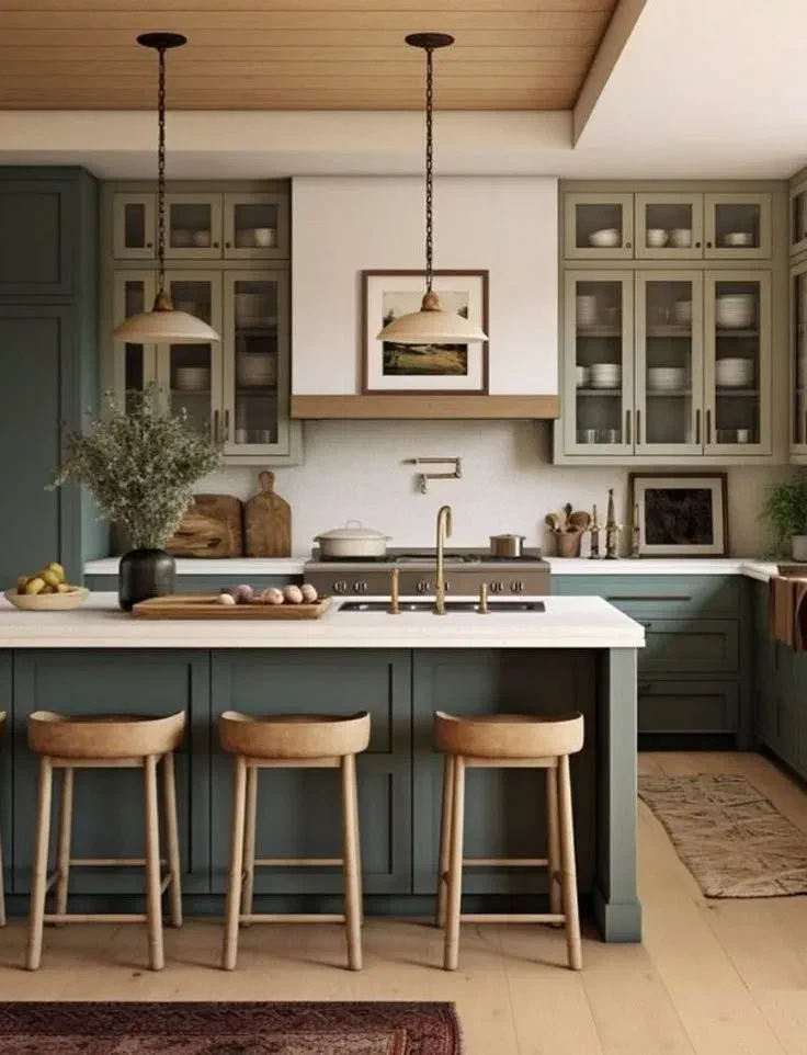 Sage green kitchen island with wood bar stools and matching pendant lights, glass-front cabinets on either side