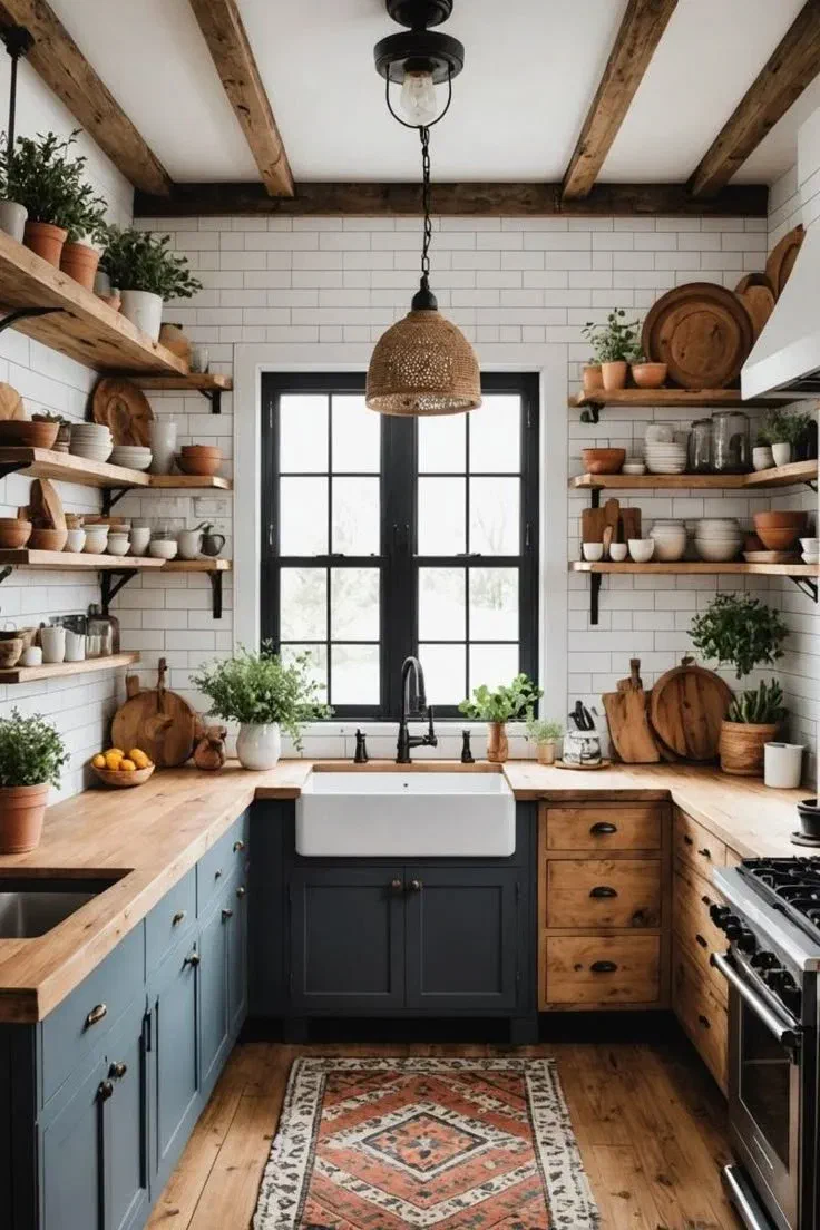 Farmhouse kitchen with exposed wood beams, open wood shelving stacked with pottery, and a woven rattan pendant light over a white farmhouse sink