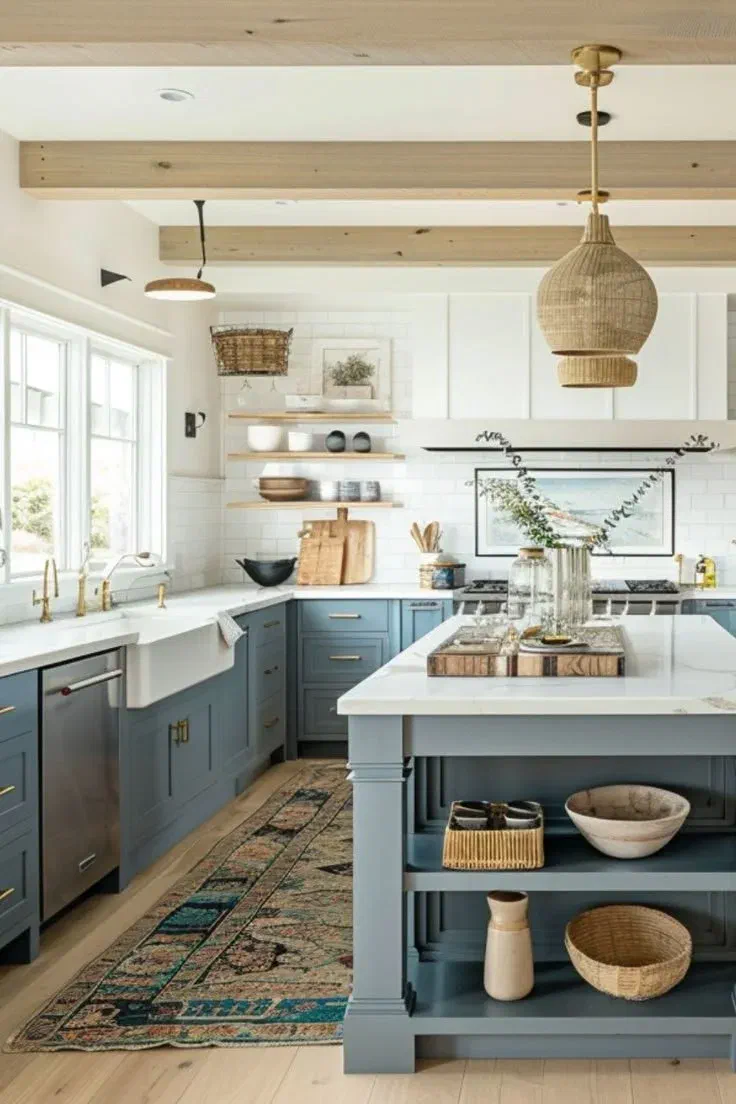 Coastal kitchen with soft blue cabinetry, brass fixtures, a woven rattan pendant light, and a striped runner rug on the floor