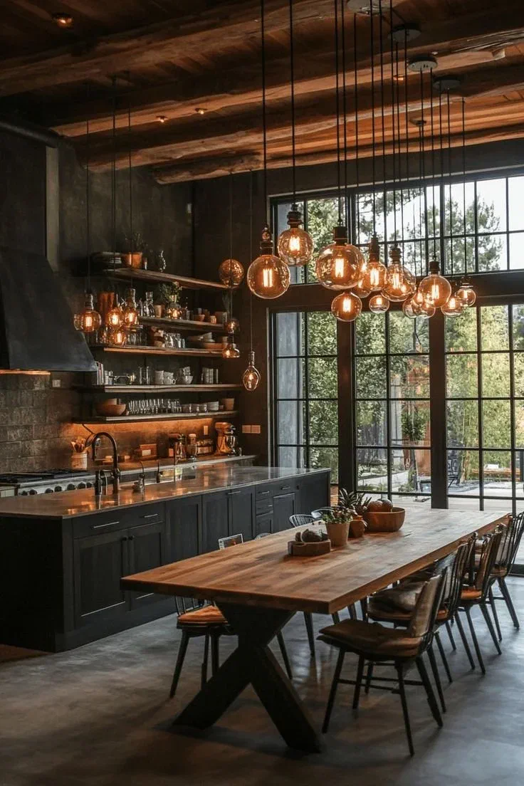 Industrial kitchen with dark matte cabinetry and a long dining table lit by a cluster of hanging Edison-bulb pendant lights