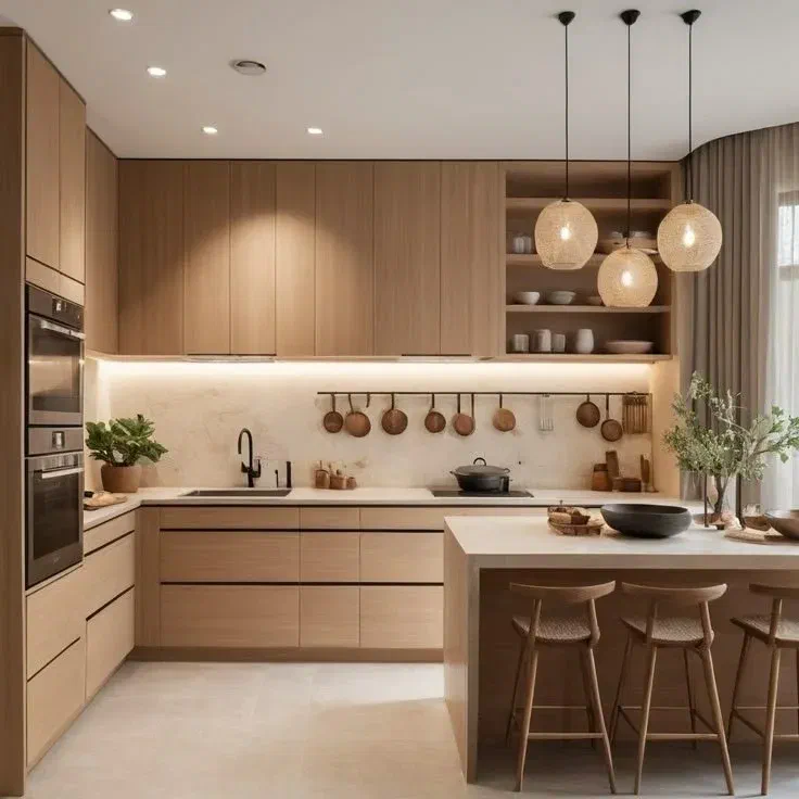 Japandi kitchen with clean-lined light wood cabinetry, a bare marble backsplash, and woven pendant lights over a bar island