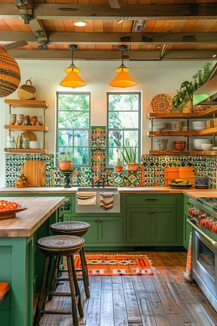 Bold colorful kitchen with green cabinetry, patterned tile backsplash, and orange pendant lights over a butcher-block island