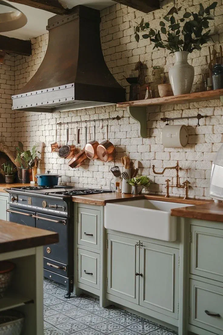 Vintage-style kitchen with a dark range cooker, hanging copper pots, sage cabinetry, and a patterned tile floor against exposed stone walls