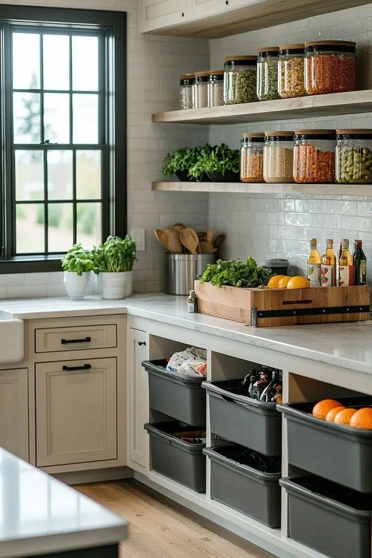 Eco-friendly kitchen counter with potted herbs on the windowsill, glass jars of pantry staples on open shelving, and gray recycling bins built into the cabinetry